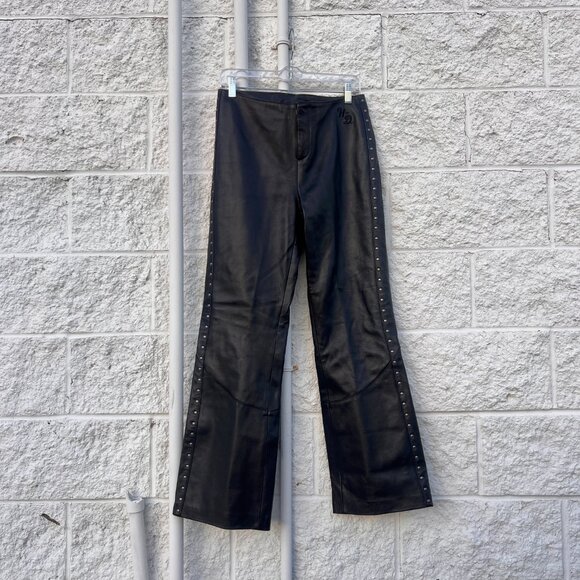 Harley Davidson Studded Black Genuine Leather Pants w Back Lace Up Detail Sz 10 - Picture 2 of 9